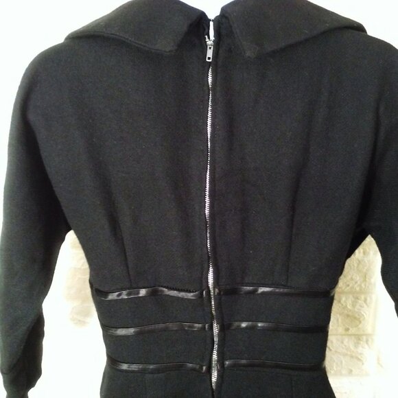 Vintage 50s Little Black Wiggle Dress Lady-M(8) Wool Cowl-Collar Zip-back Fitted - Picture 14 of 14